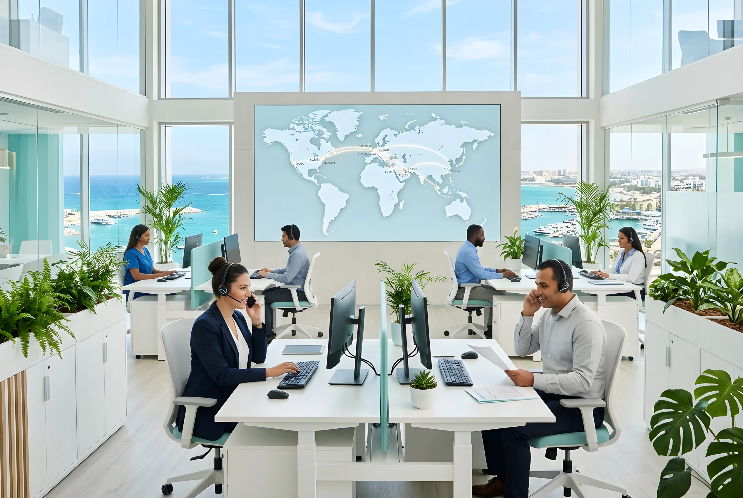 Une salle de coordination médicale internationale avec une carte du monde des itinéraires de patients