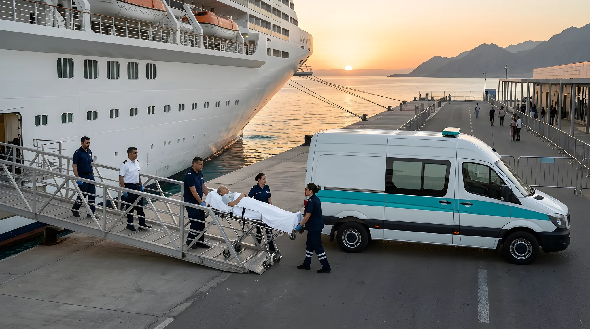 A medical transfer from a cruise ship to an ambulance in port
